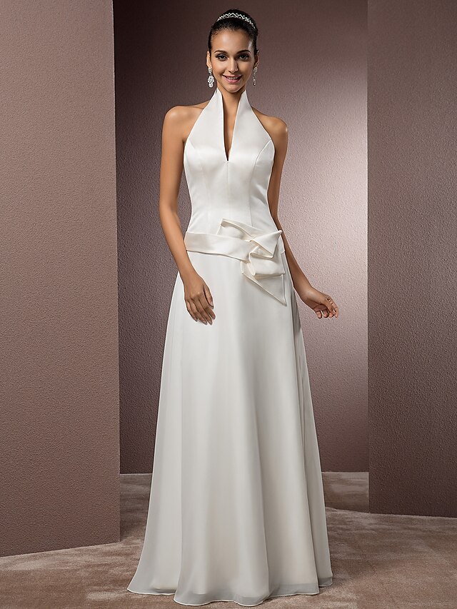  Hall Wedding Dresses Sheath / Column Halter Neck Sleeveless Floor Length Satin Bridal Gowns With Sash / Ribbon 2023