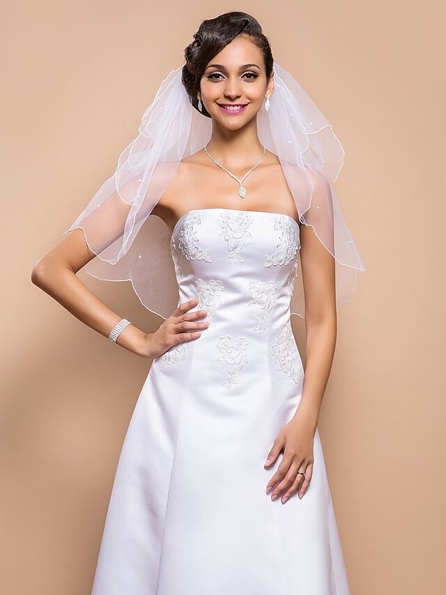  Two-tier Pencil Edge Wedding Veil Elbow Veils with Pearl 25.59 in (65cm) Tulle A-line, Ball Gown, Princess, Sheath / Column, Trumpet / Mermaid / Classic