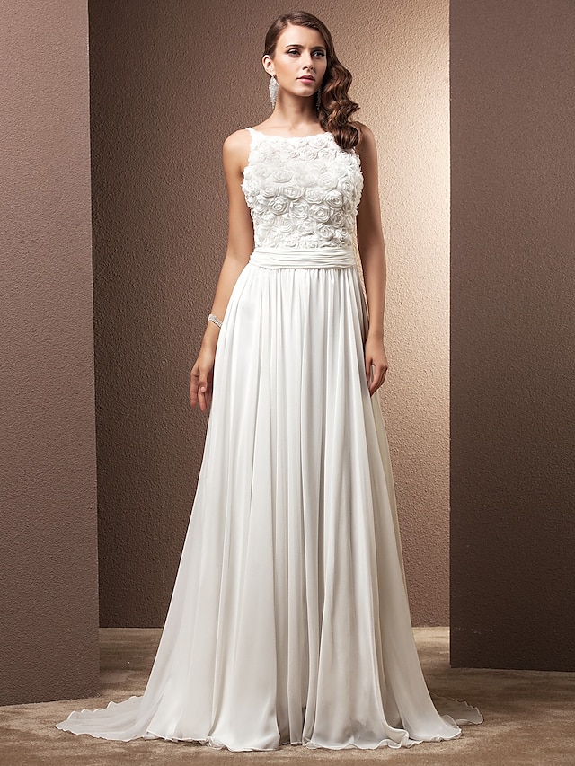  A-Line Wedding Dresses Scoop Neck Sweep / Brush Train Chiffon Spaghetti Strap Formal with Ruched Flower 2021