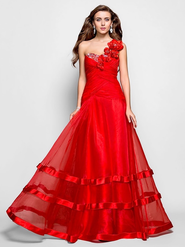  Ball Gown Floral Dress Prom Formal Evening Floor Length Sleeveless One Shoulder Organza with Criss Cross Ruched Beading 2024