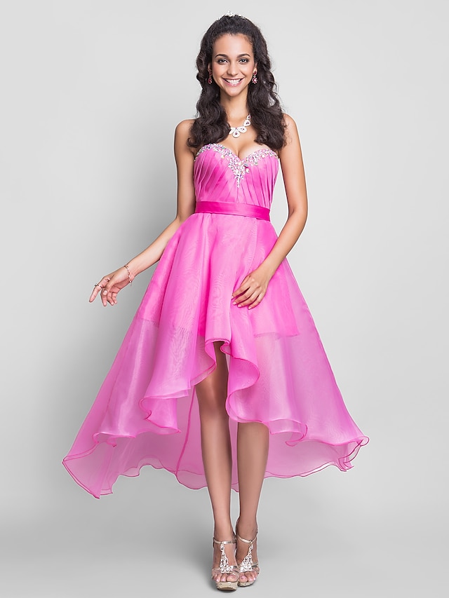  A-Line High Low Dress Prom Formal Evening Asymmetrical Sleeveless Sweetheart Organza with Ruched Crystals Draping 2023