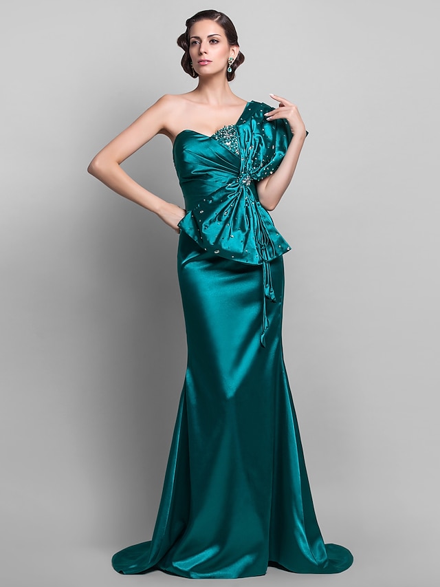  Τρομπέτα / Γοργόνα Ανοικτή Πλάτη Επίσημο Βραδινό Φόρεμα Ένας Ώμος Αμάνικο Ουρά Ελαστικό Σατέν με Φιόγκος(οι) Χάντρες 2021