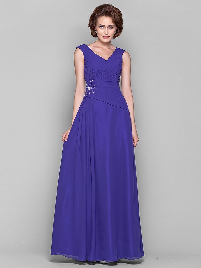  A-Line Mother of the Bride Dress Open Back V Neck Floor Length Chiffon Sleeveless with Criss Cross Beading Draping 2023