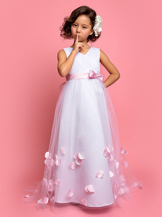  A-Line Sweep / Brush Train Flower Girl Dress Cute Prom Dress Satin with Bow(s) Fit 3-16 Years