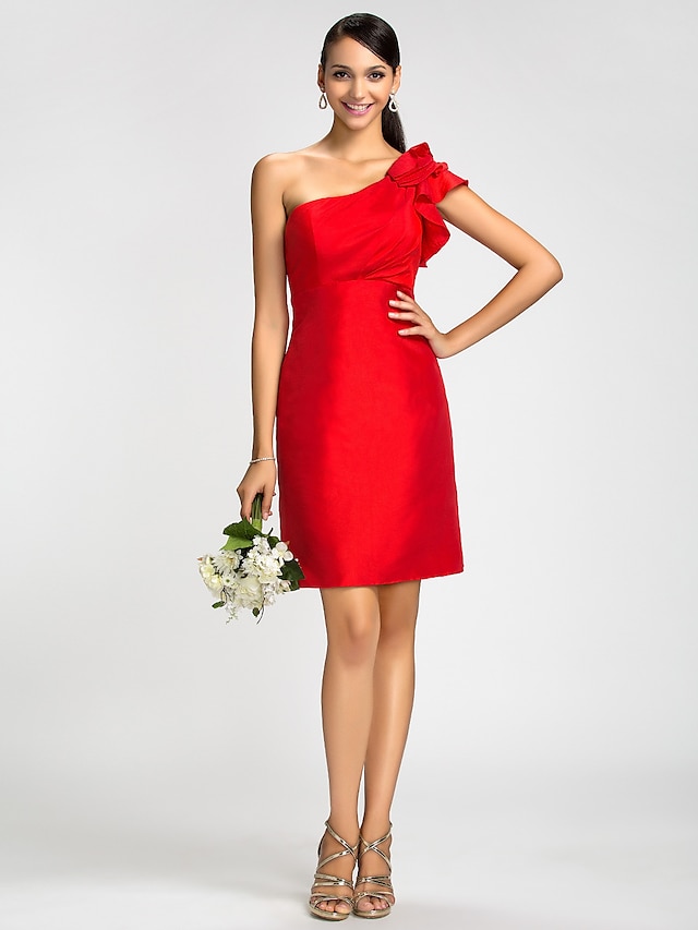  Sheath / Column One Shoulder Knee Length Taffeta Bridesmaid Dress with Side Draping / Ruffles by LAN TING BRIDE®