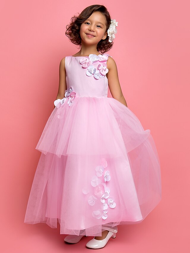  Princess / A-Line Ankle Length Satin / Tulle Sleeveless Jewel Neck with Beading / Flower