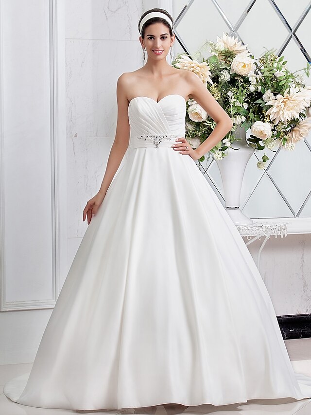  Open Back Wedding Dresses A-Line Sweetheart Sleeveless Sweep / Brush Train Satin Bridal Gowns With Sash / Ribbon Ruched 2023