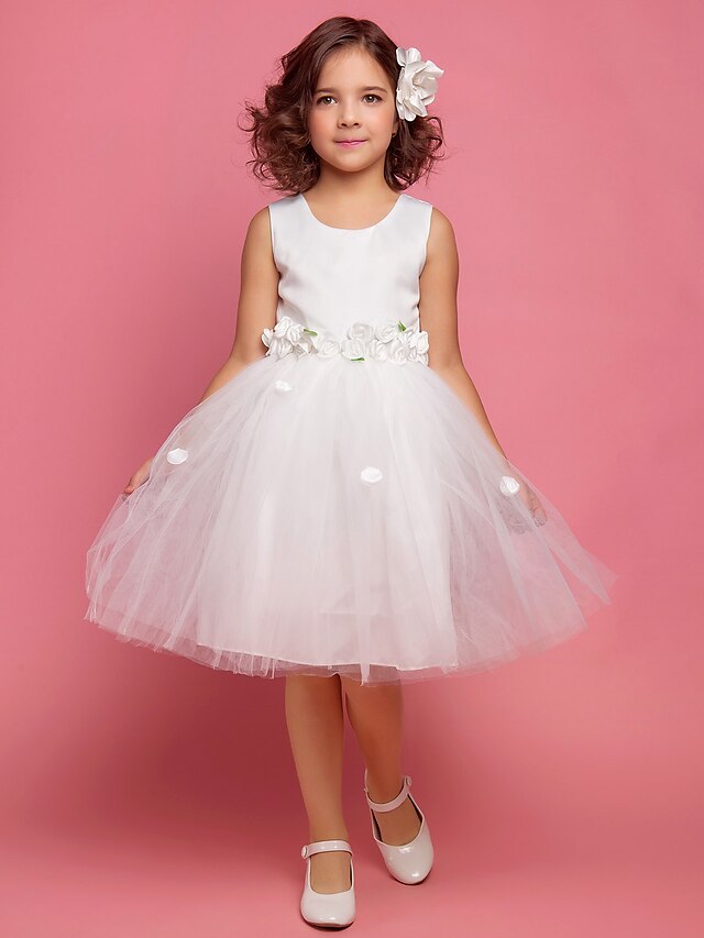  Princess / Ball Gown / A-Line Knee Length First Communion / Wedding Party Flower Girl Dresses - Lace / Organza / Satin Sleeveless Scoop Neck with Bow(s) / Draping / Flower