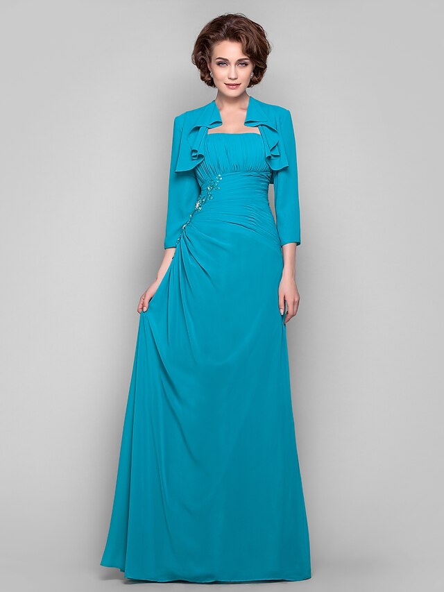  Sheath / Column Mother of the Bride Dress Two Piece Strapless Floor Length Chiffon 3/4 Length Sleeve with Beading Draping Appliques 2022