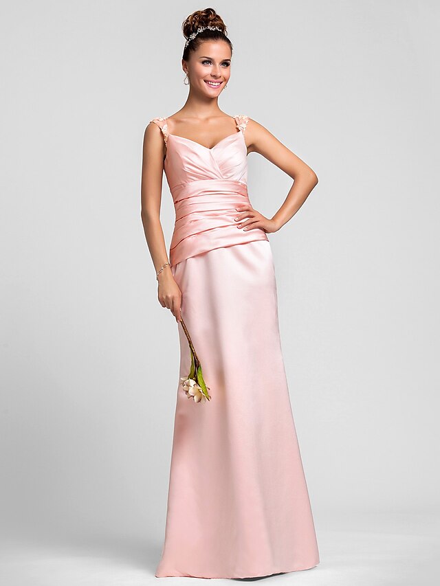  Sheath / Column Straps Floor Length Satin Bridesmaid Dress with Beading / Appliques / Side Draping by LAN TING BRIDE®