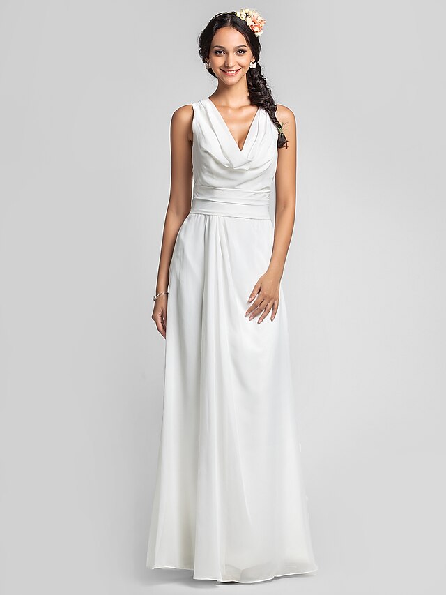  Sheath / Column Bridesmaid Dress Cowl Neck Sleeveless Elegant Floor Length Chiffon with Ruched / Side Draping 2022