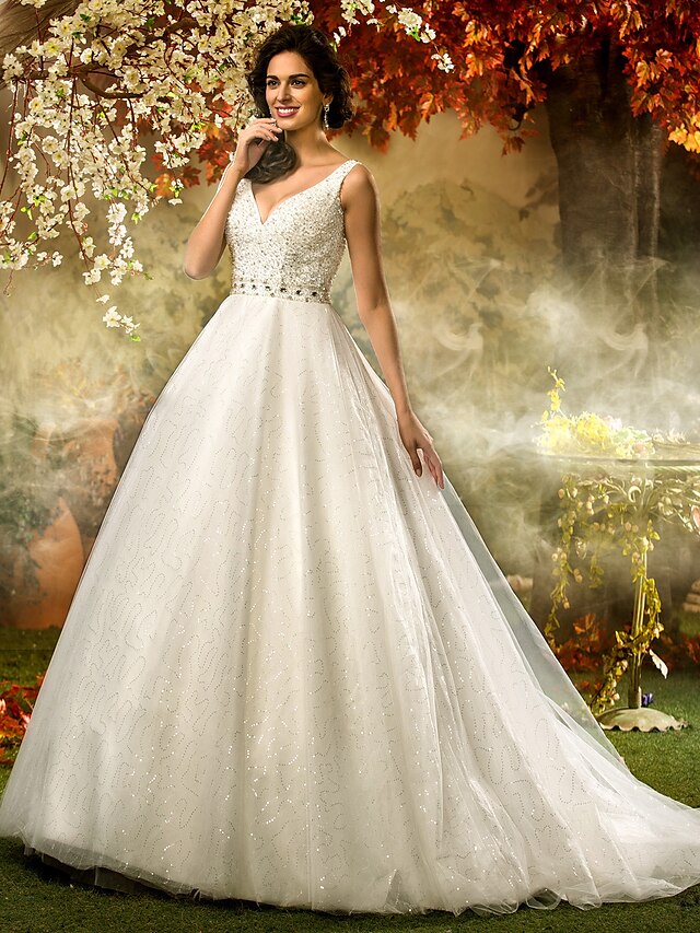  Wedding Dresses Ball Gown V Neck Regular Straps Sweep / Brush Train Tulle Bridal Gowns With Sash / Ribbon Beading 2024