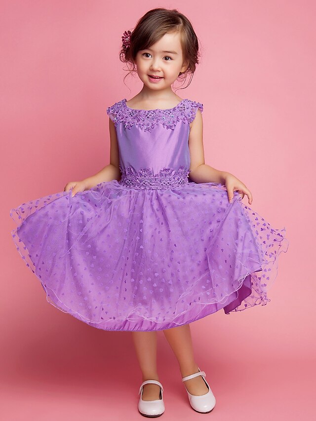  A-Line Princess Knee Length Flower Girl Dress - Cotton Polyester Sleeveless Square Neck with Embroidery Lace by
