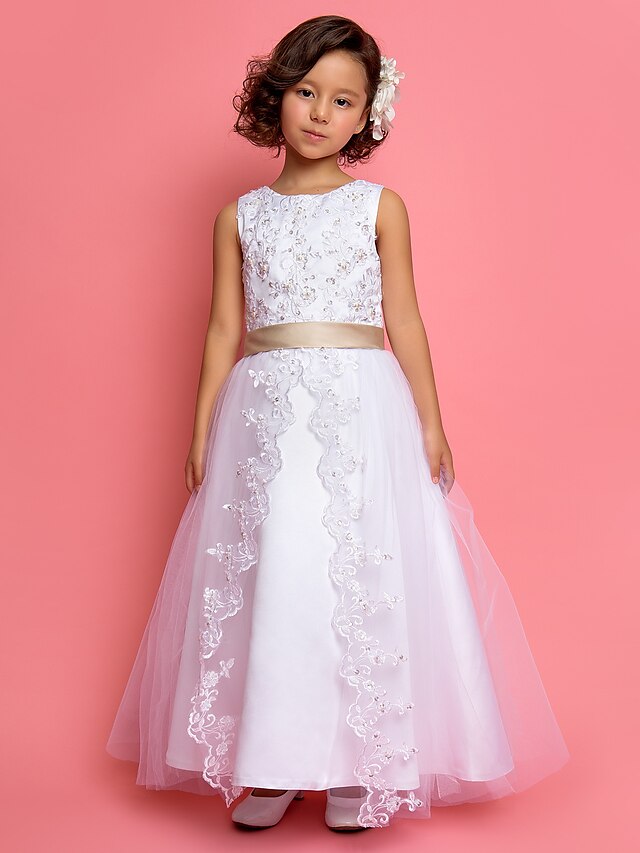  Princess / A-Line Ankle Length Wedding / First Communion Flower Girl Dresses - Satin / Tulle Sleeveless Jewel Neck with Lace / Pearls / Sequin