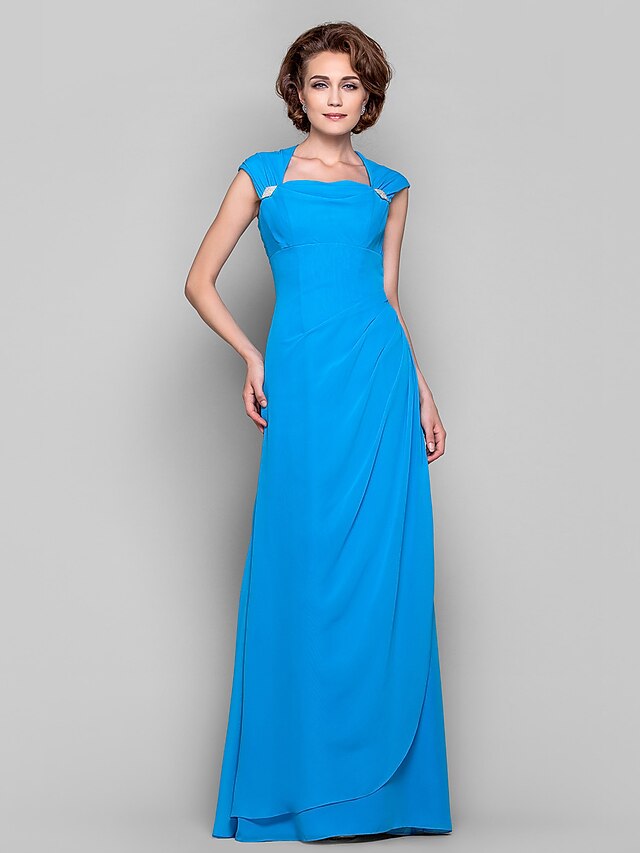 Sheath / Column Mother of the Bride Dress Open Back Cowl Neck Queen Anne Floor Length Chiffon Sleeveless with Side Draping Crystal Brooch 2023