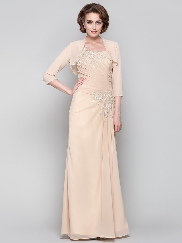  Sheath / Column Mother of the Bride Dress Wrap Included One Shoulder Floor Length Chiffon 3/4 Length Sleeve with Criss Cross Beading Appliques 2022