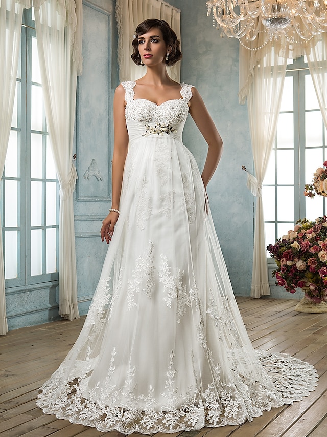  A tubino Squadrata Strascico di corte Tulle Abiti da sposa su misura con Cristalli / Perline / Con applique di LAN TING BRIDE®