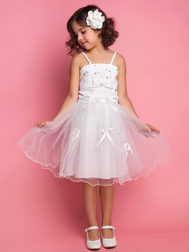  Princess / Ball Gown / A-Line Knee Length First Communion / Wedding Party Organza / Satin Sleeveless Spaghetti Strap with Sash / Ribbon / Bow(s) / Beading / Spring / Summer / Fall