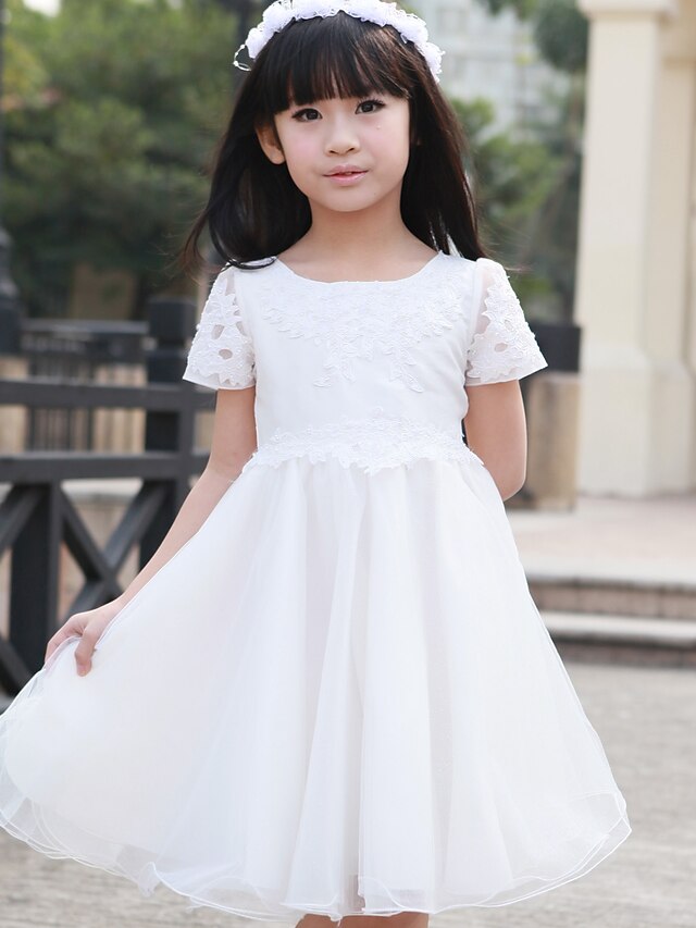  Princess Knee Length Flower Girl Dress First Communion Cute Prom Dress Tulle with Lace Fit 3-16 Years