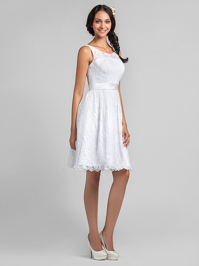  A-Line Scoop Neck Knee Length Lace Bridesmaid Dress with Lace / Sash / Ribbon by LAN TING BRIDE®