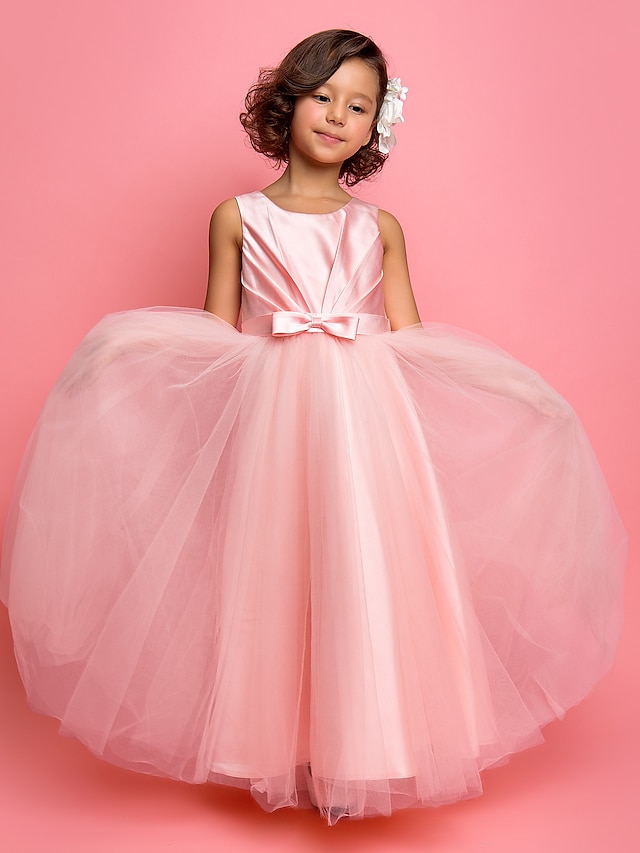  Princess Ankle Length Flower Girl Dress Cute Prom Dress Satin with Sash / Ribbon Fit 3-16 Years