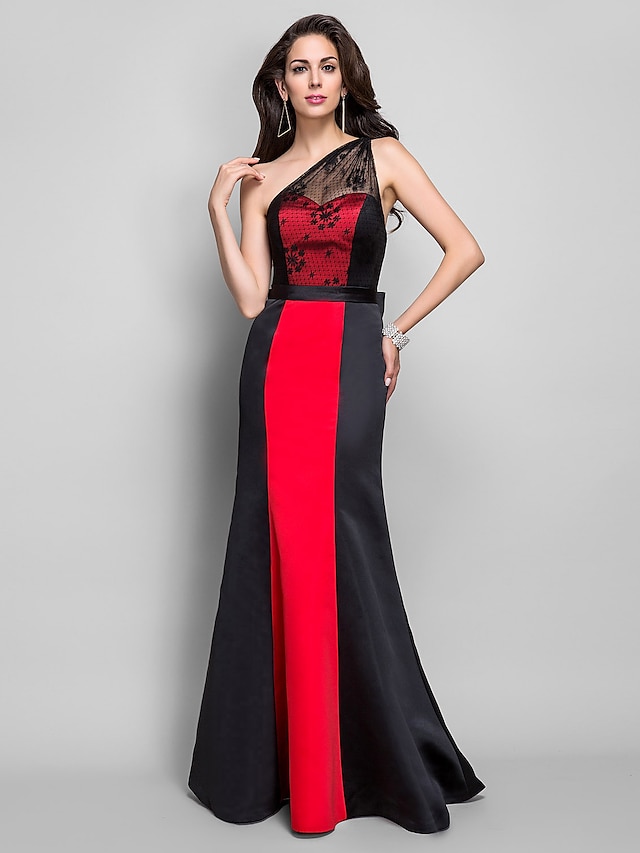  Sheath / Column Open Back Dress Formal Evening Military Ball Floor Length Sleeveless One Shoulder Satin with Lace Sash / Ribbon Bow(s) 2023