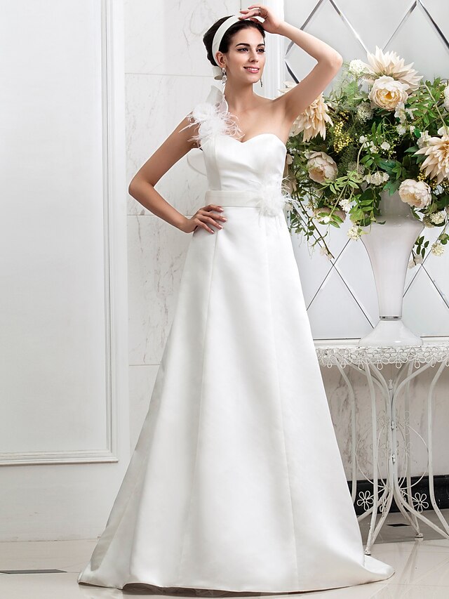  A-Line One Shoulder Sweep / Brush Train Satin Made-To-Measure Wedding Dresses with Sash / Ribbon / Flower / Ruffle by LAN TING BRIDE®