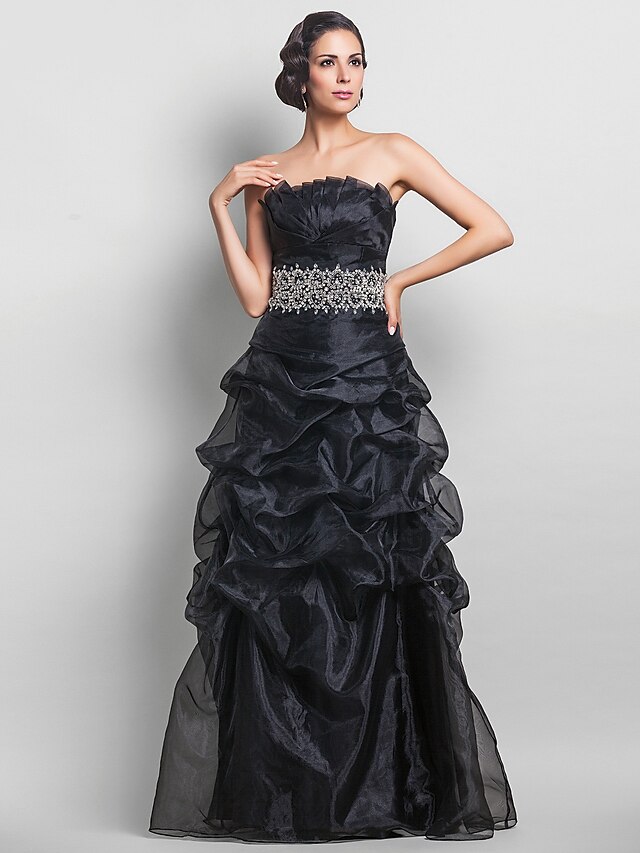  A-Line Black Dress Dress Prom Formal Evening Floor Length Sleeveless Strapless Organza with Pick Up Skirt Criss Cross Crystals 2024