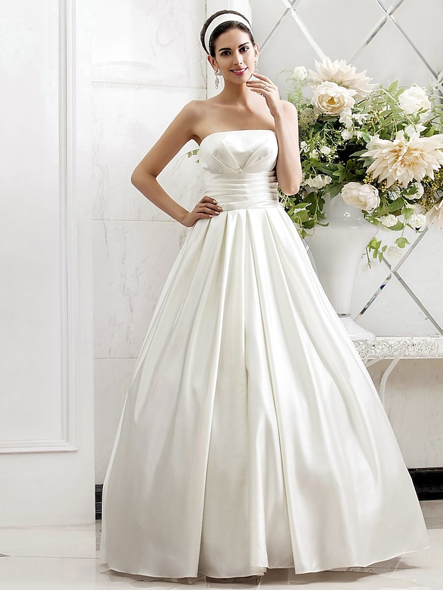  Open Back Wedding Dresses Sweep / Brush Train A-Line Sleeveless Strapless Satin With Ruched Side-Draped 2023 Spring Bridal Gowns