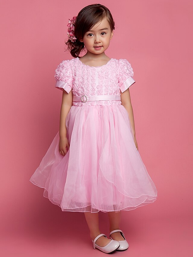 A-Line Ball Gown Princess Knee Length Flower Girl Dress - Polyester Tulle Short Sleeves Scoop Neck with Bow(s) Sash / Ribbon Pleats by