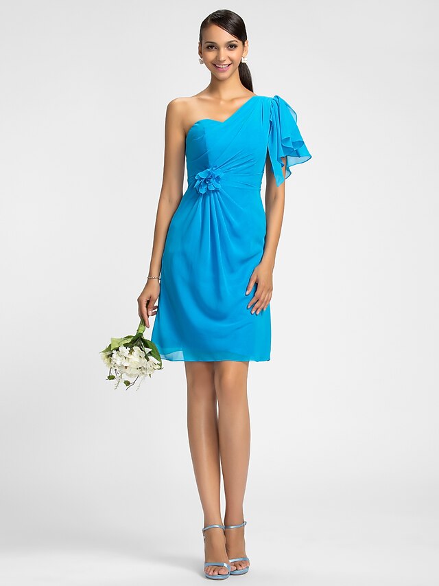  Sheath / Column One Shoulder Knee Length Chiffon Bridesmaid Dress with Side Draping / Flower by LAN TING BRIDE®