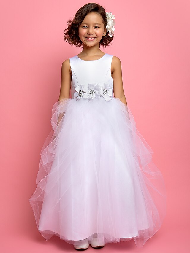  Princess / A-Line Ankle Length Satin / Tulle Sleeveless Jewel Neck with Sash / Ribbon / Crystals / Side Draping