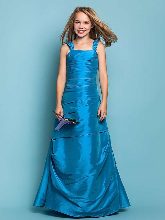  Prinsesse Gulvlengde stropper Taft Sommer Junior brudepike kjoler og kjoler Med Sidedrapering Gjestekjole for barn 4-16 år