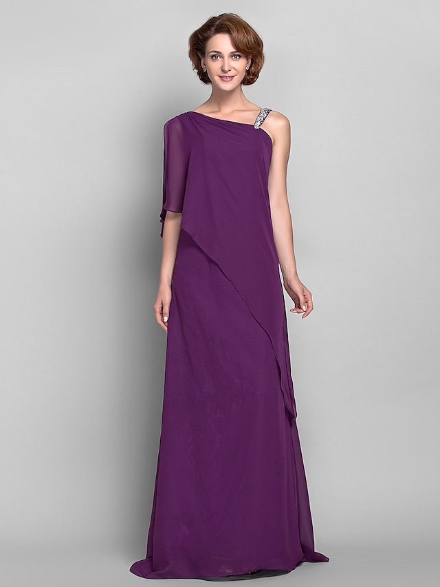  Sheath / Column Mother of the Bride Dress Elegant One Shoulder Floor Length Chiffon Sleeveless with Beading 2023