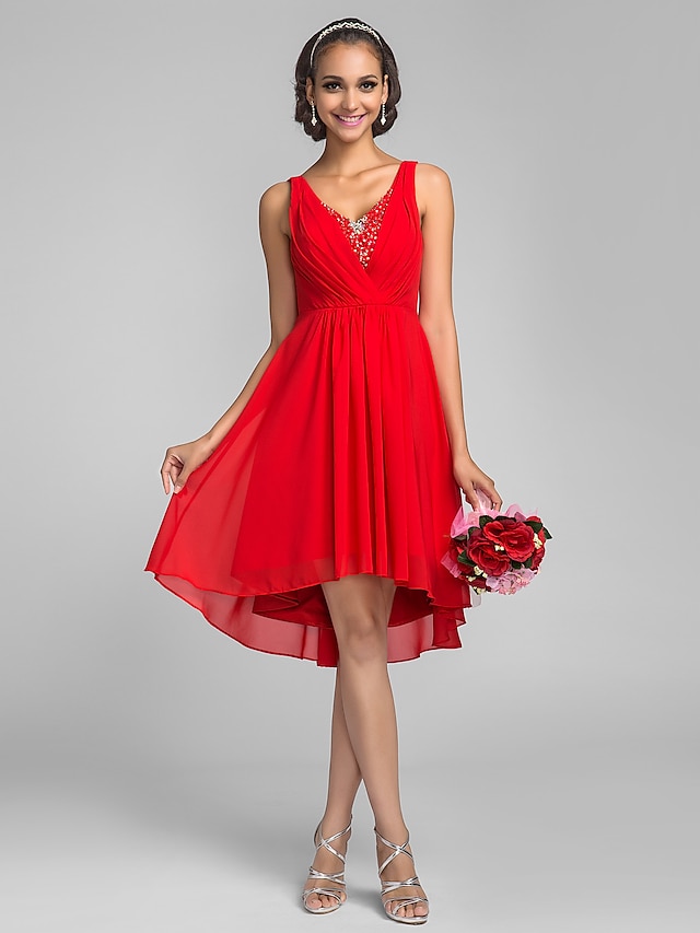  A-Line V Neck Asymmetrical Chiffon Bridesmaid Dress with Sequin / Crystals / Criss Cross by LAN TING BRIDE®
