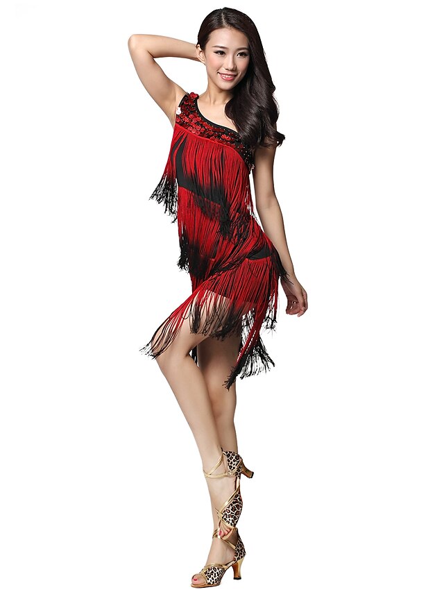  Dancewear viscosa Latin Dance Dress One-spalla con nappe Per Donne