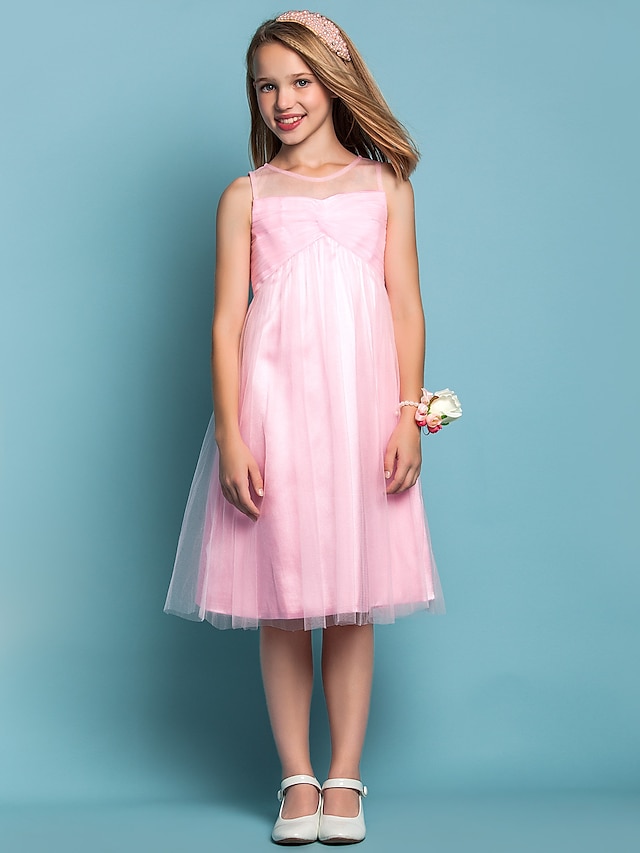  A-Line / Sheath / Column Jewel Neck Knee Length Tulle Junior Bridesmaid Dress with Criss Cross by LAN TING BRIDE®