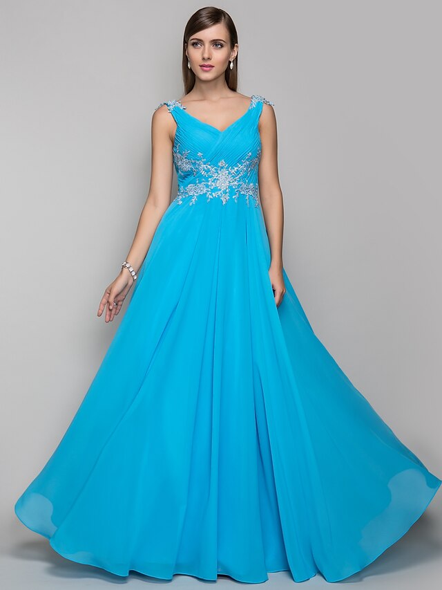  A-Line Elegant Prom Formal Evening Dress V Neck Sleeveless Floor Length Chiffon with Ruched Appliques 2021
