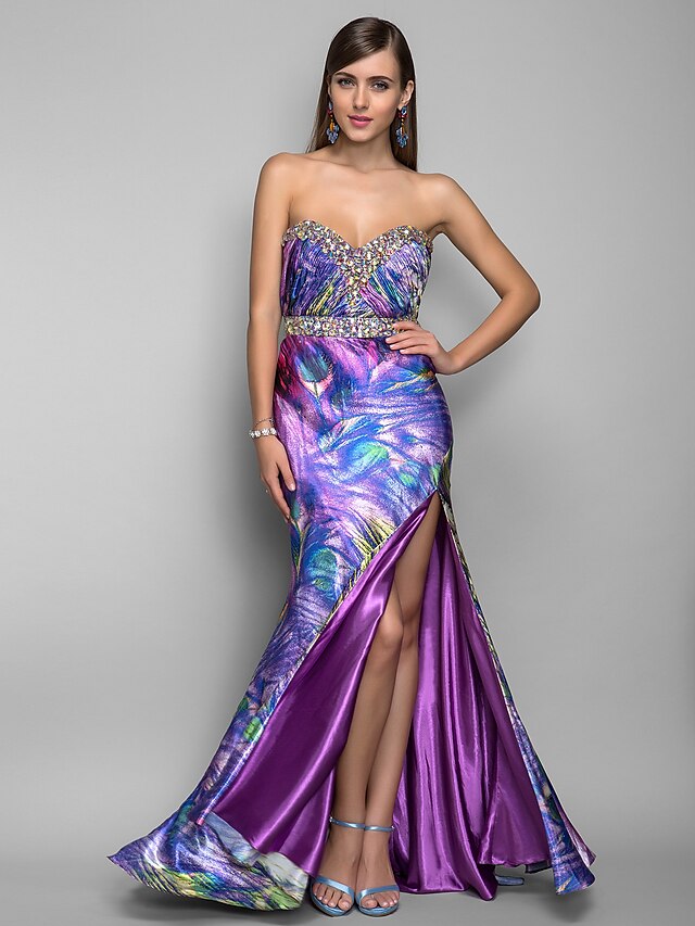  Mermaid / Trumpet Open Back Formal Evening Military Ball Dress Strapless Sweetheart Neckline Sleeveless Floor Length Stretch Satin with Criss Cross Ruched Crystals 2020 / Split Front