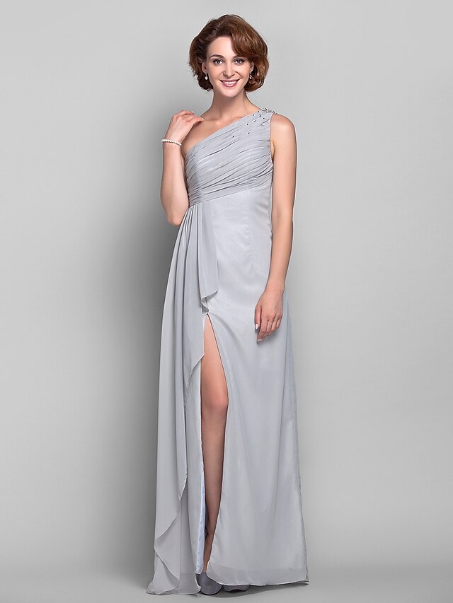  Sheath / Column One Shoulder Floor Length Chiffon Mother of the Bride Dress with Crystal Detailing Cascading Ruffles Split Front Side