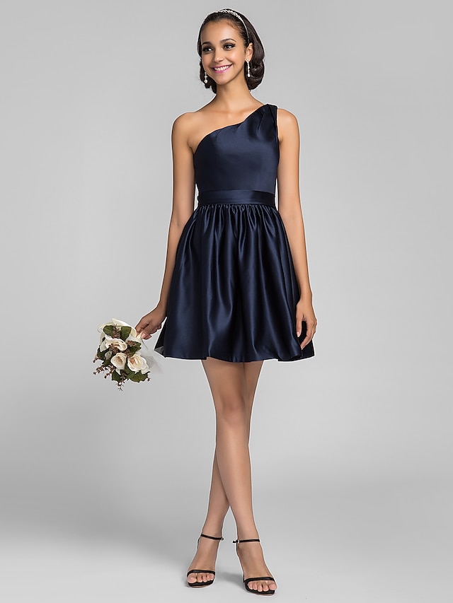  Ball Gown / A-Line Bridesmaid Dress One Shoulder Sleeveless Short / Mini Satin with Side Draping