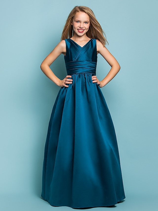  Prințesă Lungime Podea În V Satin Vară Rochii și rochii de domnișoară de onoare pentru juniori Cu Eșarfă / Panglică Albastru Rochie de nunta pentru copii 4-16 ani