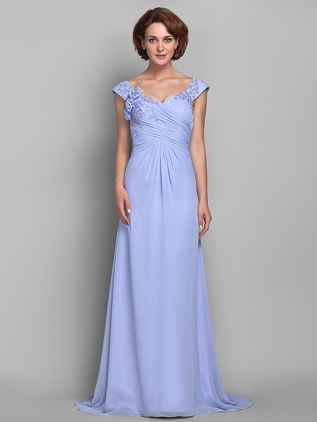  A-Line Straps Sweep / Brush Train Chiffon Mother of the Bride Dress with Beading / Appliques / Criss Cross by LAN TING BRIDE®
