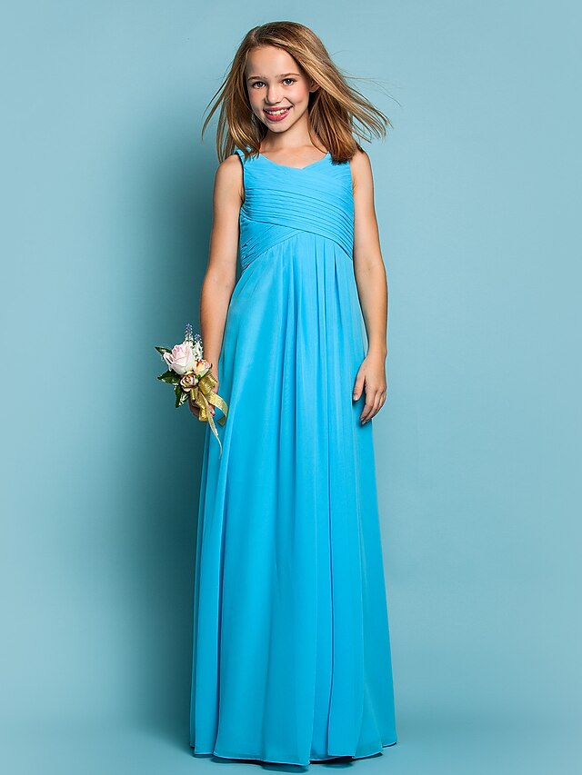  Sheath / Column Scoop Neck Floor Length Chiffon Junior Bridesmaid Dress with Draping / Criss Cross / Ruched by LAN TING BRIDE®