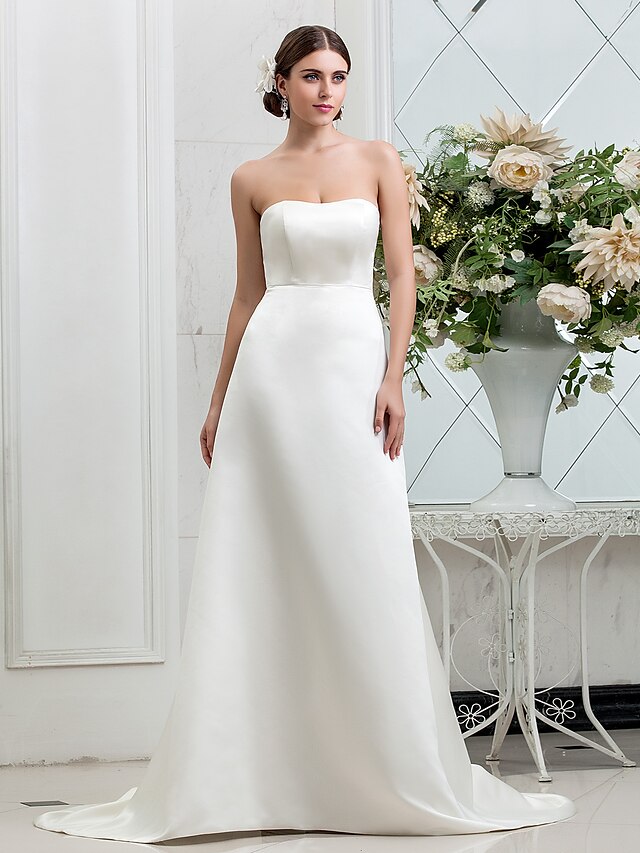  Γραμμή Α Στράπλες Ουρά Σατέν Στράπλες Απλό Κομψή Φορέματα γάμου φτιαγμένα στο μέτρο με Κουμπί 2020