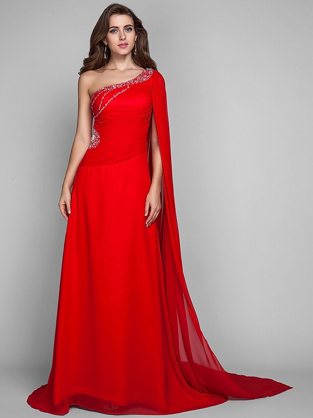  Sheath / Column Open Back Dress Holiday Cocktail Party Sweep / Brush Train Sleeveless One Shoulder Chiffon with Crystals 2023