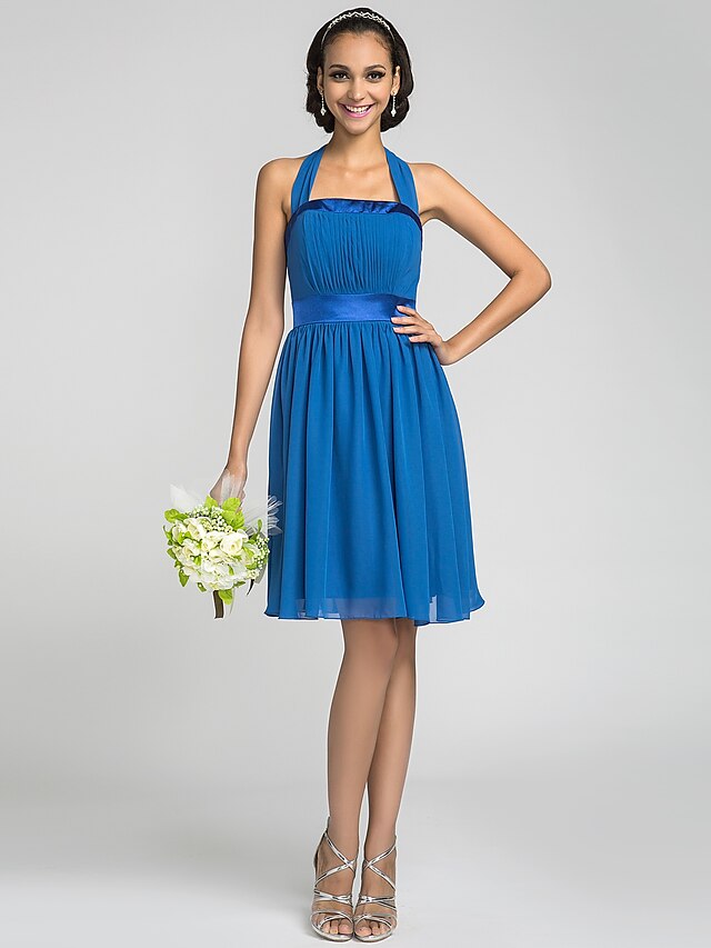  A-Line Halter Neck Knee Length Chiffon / Stretch Satin Bridesmaid Dress with Draping / Bandage by LAN TING BRIDE®