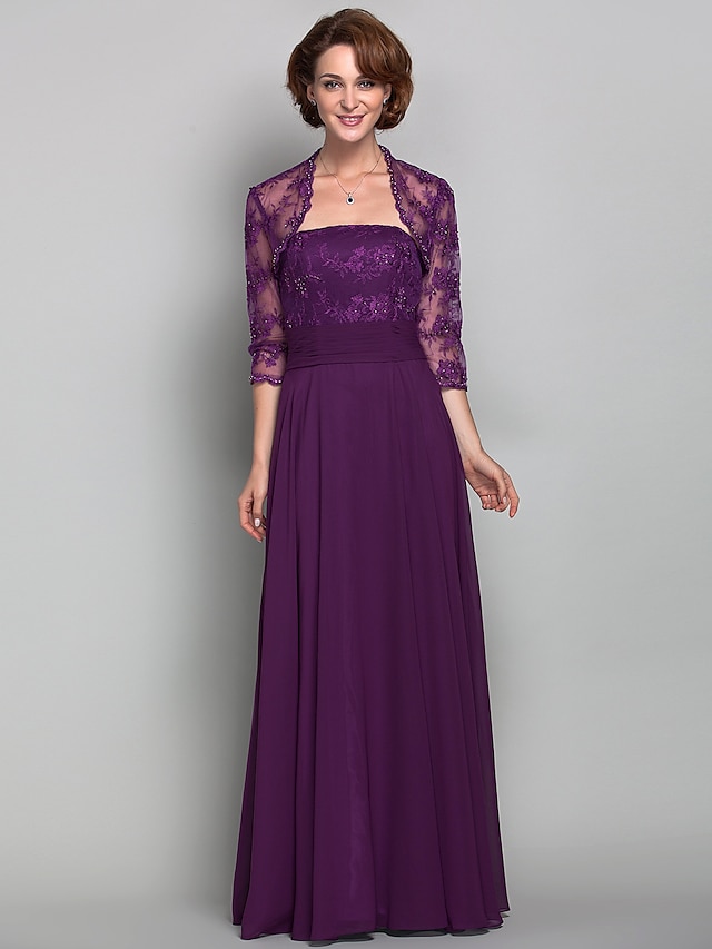  A-Line Mother of the Bride Dress Wrap Included Strapless Floor Length Chiffon Lace 3/4 Length Sleeve with Lace Ruched Beading 2023