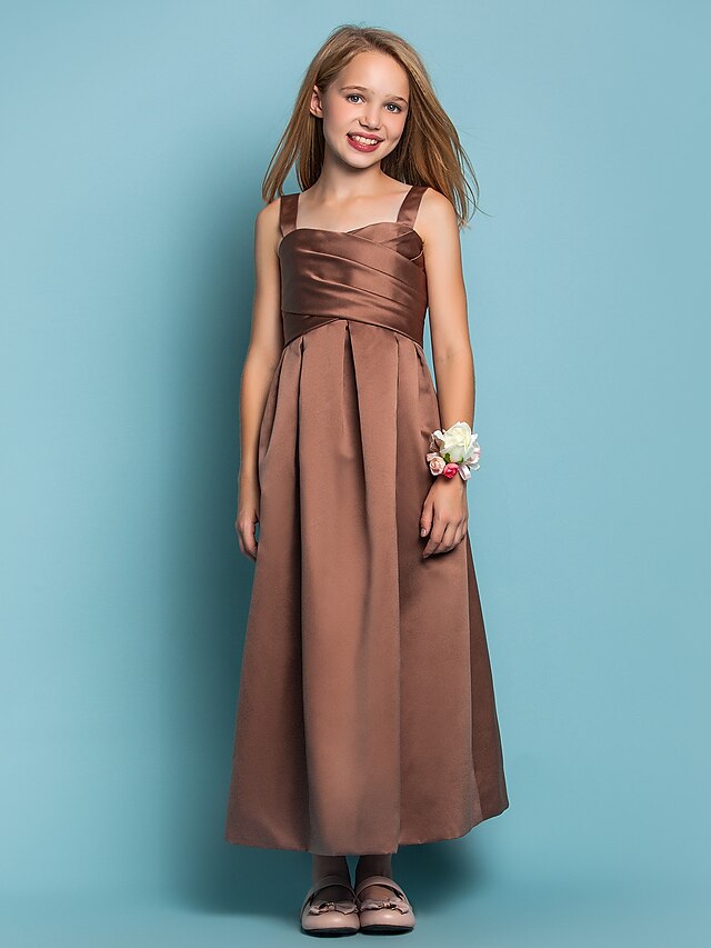  Sheath / Column Straps Ankle Length Satin Junior Bridesmaid Dress with Criss Cross by LAN TING BRIDE®