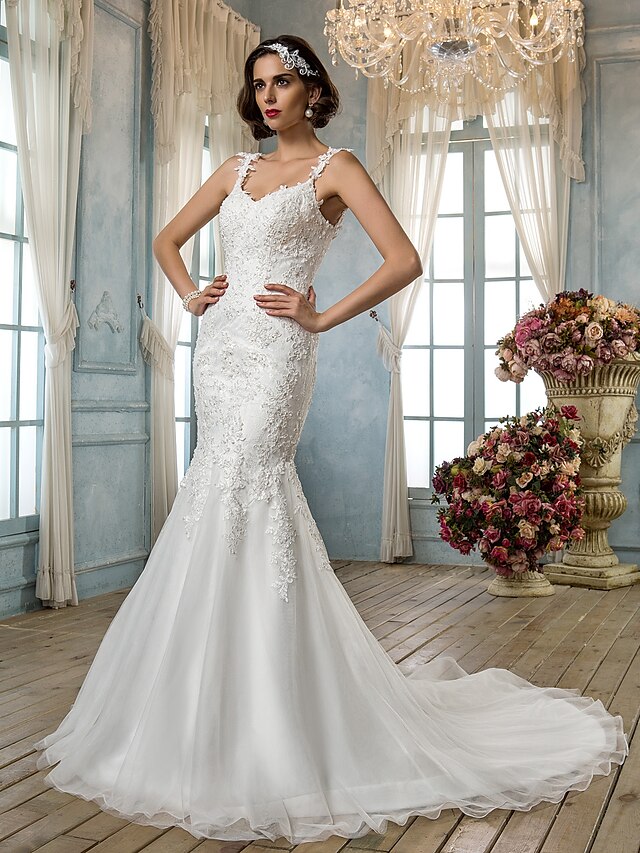  Mermaid / Trumpet Spaghetti Strap Court Train Lace / Tulle Made-To-Measure Wedding Dresses with by